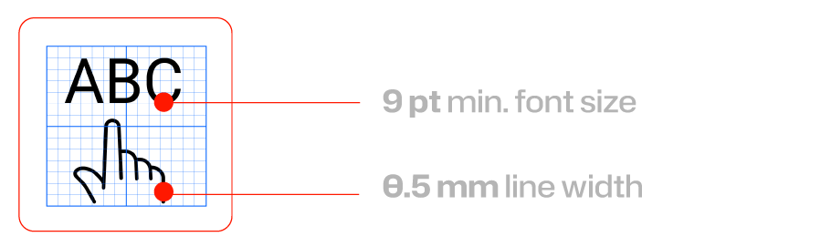 Grid showing a 9 point minimum font size and 0.5 millimetre line width